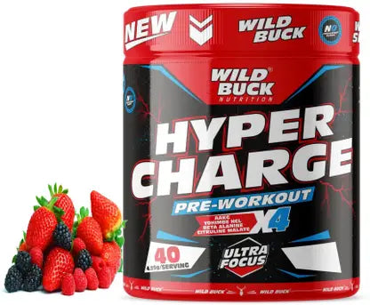 WILD BUCK Hyper Charge Pre-Workout For Hardcore Pump ,Non-Crash Energy Both For Men &Women Energy Drink  (170 g, Wild Berries Flavored)